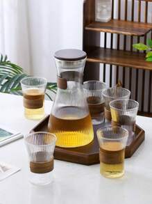 1 套 1500L 耐热玻璃水壶，带托盘和杯子，现代胡桃木色水壶和果汁瓶套装，适合派对和所有季节