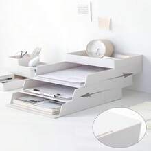 Stackable Letter Tray Organizer, White Plastic Desktop Document Sorter For A4 Paper, Magazines And Receipts - Office Supplies Organizer, Customizable Design, Suitable For Everyone - White - View 4