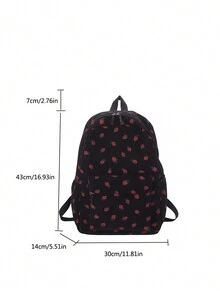 1pc Strawberry Print Casual Student Backpack, Suitable For Commuting - Black - View 2