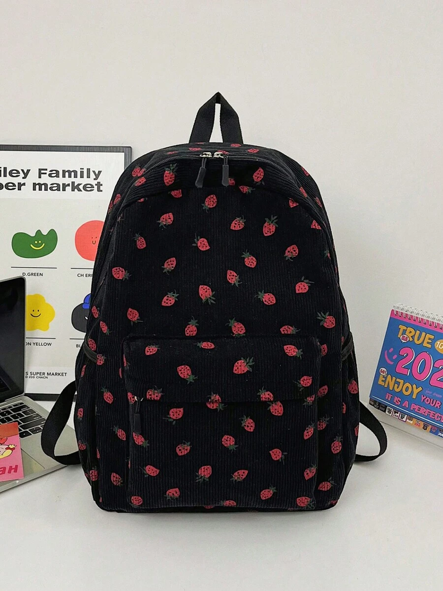 1pc Strawberry Print Casual Student Backpack, Suitable For Commuting - Black - View 1