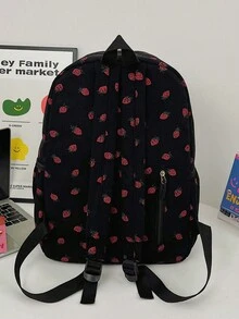 1pc Strawberry Print Casual Student Backpack, Suitable For Commuting - Black - View 4