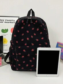 1pc Strawberry Print Casual Student Backpack, Suitable For Commuting - Black - View 3