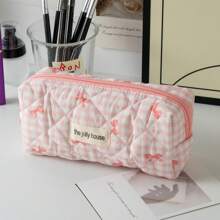 1pc Large Capacity Polyester Polka Dot Bow Makeup Bag, Quilted Cosmetic Bag For Daily Use, Travel, Sweet Student Design, Soft Handheld Toiletry Bag - Pink - View 10