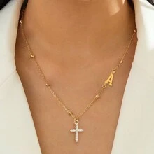 1 件装新款时尚密镶锆石十字架字母简约金色不锈钢链条项链女式 - 金黃色 - 查看 1