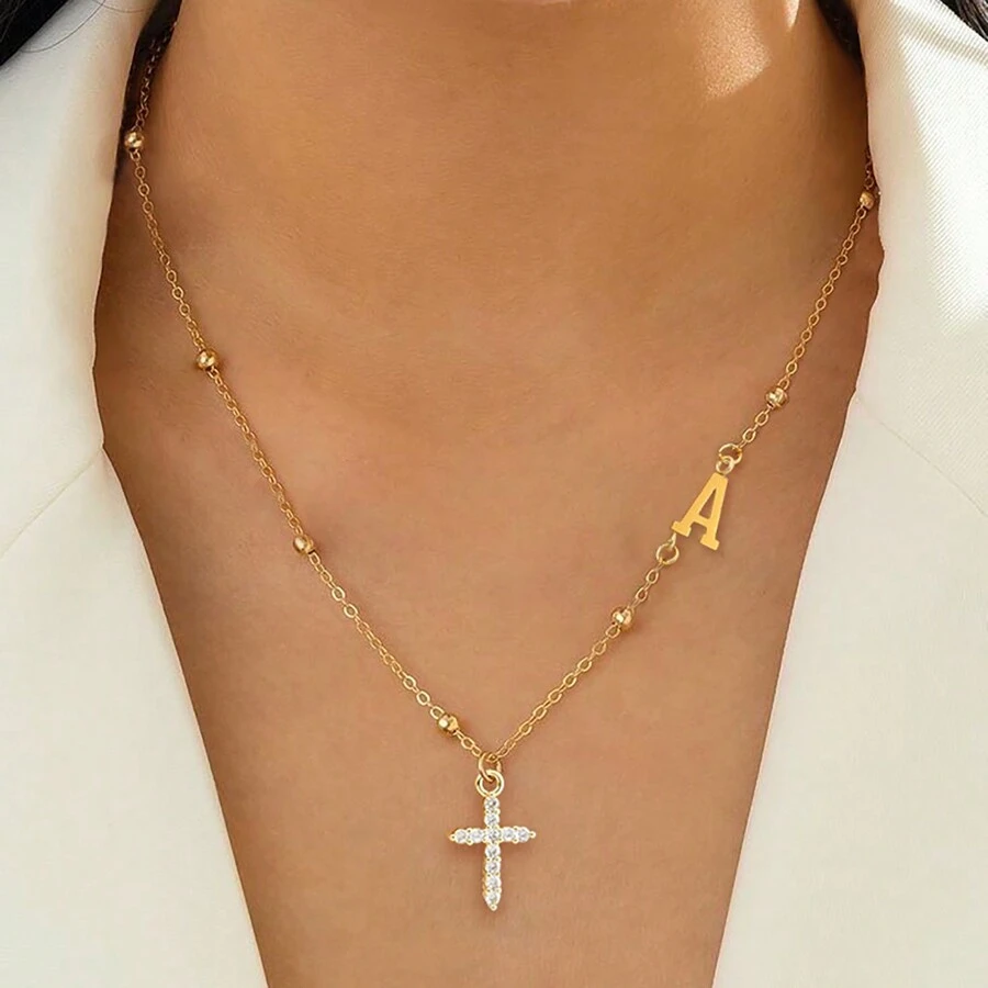 1 件装新款时尚密镶锆石十字架字母简约金色不锈钢链条项链女式 - 金黃色 - 查看 1