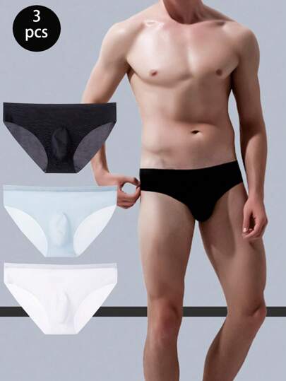 3 peças de roupa íntima masculina de seda gelada, sem costura, fina, bolsa 3D destacável