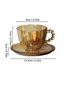 1入組裝飾有珠飾手柄復古玻璃咖啡杯碟套裝，適用於家居下午茶，奶茶或咖啡