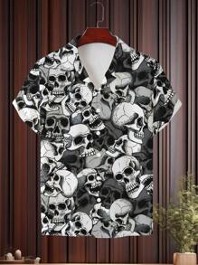 Men 3D Skull Print Button-Down Shirt, Summer Casual Creative Funny Short Sleeve Shirt, For Halloween