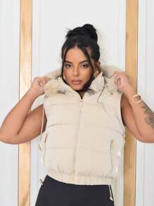 WOMEN'S CRYSTAL PUFFER VEST WITH REMOVABLE HOOD - Màu be - Xem 1