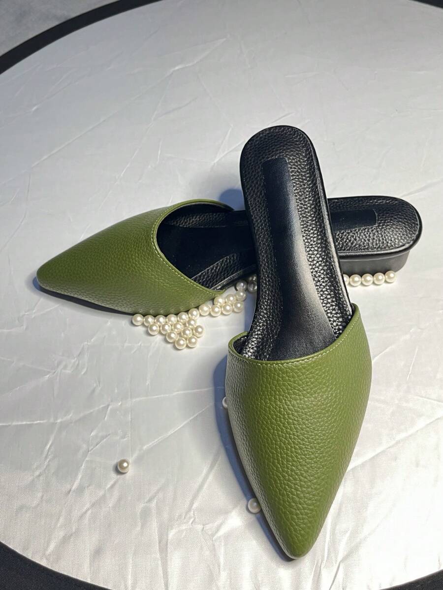 Women's Retro Pointed Toe Green Mule Heels, Elegant, Simple Low Heel Shoes For Daily Commute In Neutral Colors, Handmade (Size Runs Small, Recommend Ordering One Size Up) - Dark Green - View 1