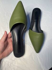 Women's Retro Pointed Toe Green Mule Heels, Elegant, Simple Low Heel Shoes For Daily Commute In Neutral Colors, Handmade (Size Runs Small, Recommend Ordering One Size Up) - Dark Green - View 2