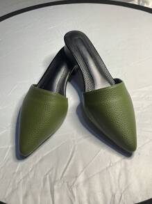 Women's Retro Pointed Toe Green Mule Heels, Elegant, Simple Low Heel Shoes For Daily Commute In Neutral Colors, Handmade (Size Runs Small, Recommend Ordering One Size Up) - Dark Green - View 3