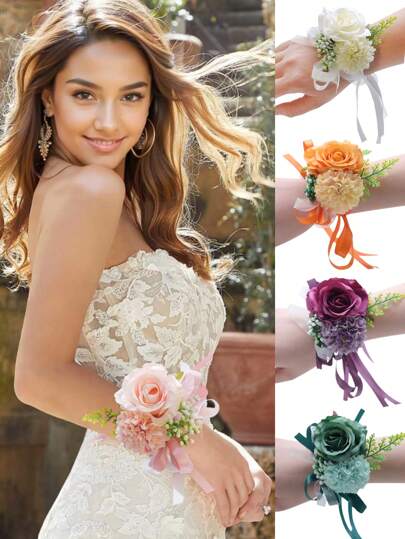 1件玫瑰腕花手环，适用于婚礼、伴娘、新娘送礼会、舞会、情人节等场合，渐变玫瑰图案，可作配饰。