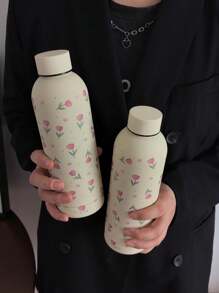 1 件 500 毫升（17 盎司）不锈钢双层保温杯，花卉图案设计，真空密封杯，适用于热饮和冷饮，旅行杯，节日、生日、圣诞节、返校水瓶礼物 - 米色 - 查看 3