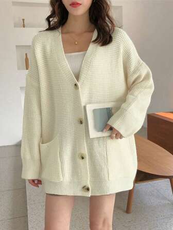 Thick, Versatile Cream Korean Cardigan, Knitted Sweater Jacket, College Style, Autumn/Winter