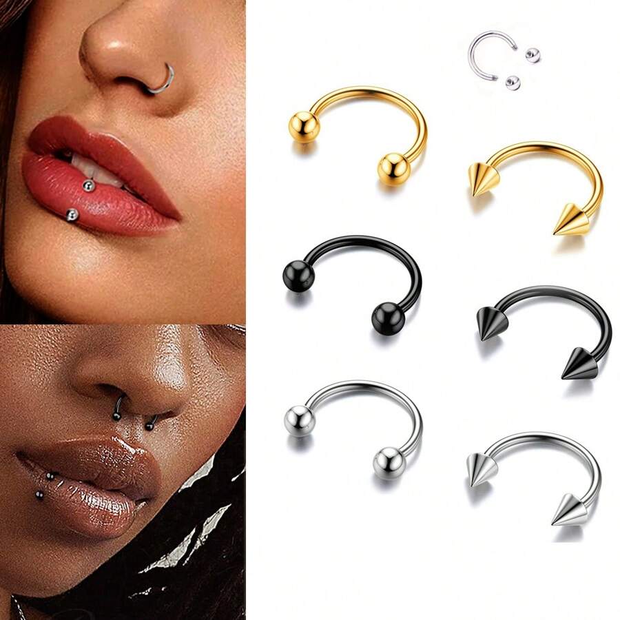 2pcs/Set 16G Horseshoe Nose Ring Stainless Steel Hypoallergenic 18K Gold Plated Black 8mm 10mm For Nose,Lip,Earrings,Septum,Cartilage Piercing,Unisex, Fashion Style,Body Jewelry For Men & Women