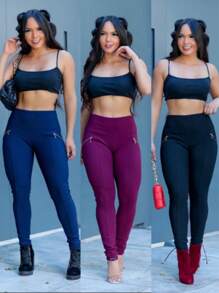 Women's Riding Pants High Waist Leggings With Golden Zipper - Burgundy - View 6