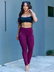 Women's Riding Pants High Waist Leggings With Golden Zipper - Burgundy - View 7