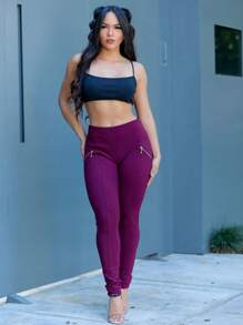 Women's Riding Pants High Waist Leggings With Golden Zipper - Burgundy - View 8