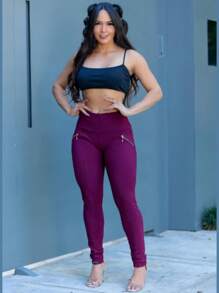 Women's Riding Pants High Waist Leggings With Golden Zipper - Burgundy - View 4