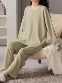 AICJ Set de 2 piezas de pijama de mujer con top de manga larga y pantalones a juego, de unicolor, estilo minimalista casual de tejido de punto acanalado, para primavera/otoño/invierno