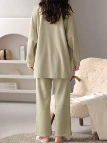 AICJ Set de 2 piezas de pijama de mujer con top de manga larga y pantalones a juego, de unicolor, estilo minimalista casual de tejido de punto acanalado, para primavera/otoño/invierno