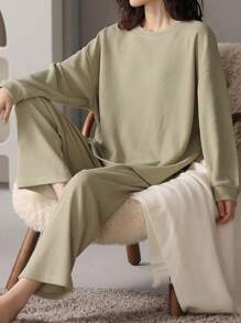 AICJ Set de 2 piezas de pijama de mujer con top de manga larga y pantalones a juego, de unicolor, estilo minimalista casual de tejido de punto acanalado, para primavera/otoño/invierno