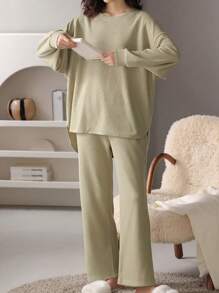 AICJ Set de 2 piezas de pijama de mujer con top de manga larga y pantalones a juego, de unicolor, estilo minimalista casual de tejido de punto acanalado, para primavera/otoño/invierno