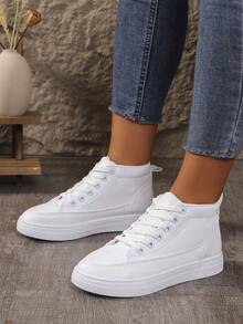 Nuevos tenis casuales altos blancos de otoño para mujeres, moda coreana, zapatos deportivos de suela blanda de media altura - Blanco - Ver 2