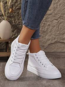 Nuevos tenis casuales altos blancos de otoño para mujeres, moda coreana, zapatos deportivos de suela blanda de media altura - Blanco - Ver 4