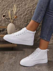 Nuevos tenis casuales altos blancos de otoño para mujeres, moda coreana, zapatos deportivos de suela blanda de media altura - Blanco - Ver 3