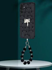 1 个黑色 TPU 手机壳，带黑白猫图案，具有防撞保护作用，1 个配套黑色毛绒球手机带，适用于 iPhone、Galaxy、Redmi、OPPO 手机