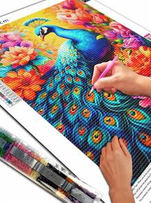 1 套 5D 创意孔雀花卉簇钻石画，现代艺术钻石刺绣，全圆形马赛克钻石装饰，适用于家庭客厅 - 彩色 - 查看 3