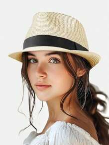 1PC Foldable Straw Fedora Hat - Short Brim Rolled Edge Panama Hat For Summer Beach Sun Protection Lightweight Breathable Casual Travel Sun Hat,Vacation - Multicolor - View 4