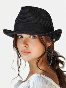 1PC Foldable Straw Fedora Hat - Short Brim Rolled Edge Panama Hat For Summer Beach Sun Protection Lightweight Breathable Casual Travel Sun Hat,Vacation - Multicolor - View 5