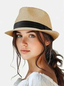 1PC Foldable Straw Fedora Hat - Short Brim Rolled Edge Panama Hat For Summer Beach Sun Protection Lightweight Breathable Casual Travel Sun Hat,Vacation - Multicolor - View 3