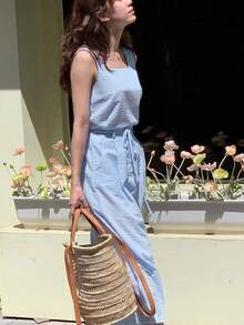 女士时尚露背条纹无袖背心和高腰修身短裙套装，夏季服装 - 藍色 - 查看 4