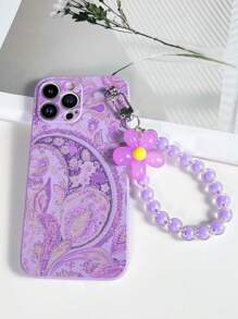 1pc Purple TPU Exotic Floral Pattern Shockproof Phone Case With 1pc Matching Purple Bead Bracelet, Compatible With IPhone/Android Phones Such As Compatible With IPhone 15 Pro Max, Compatible With Samsung A14, A54, A52, A31 4G, A23, Compatible With Redmi Note 8 Pro, 11 Pro 4G, 12 4G, Compatible With OPPO A54,International Version, Not The Domestic Version - Multicolor - View 5