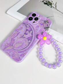 1pc Purple TPU Exotic Floral Pattern Shockproof Phone Case With 1pc Matching Purple Bead Bracelet, Compatible With IPhone/Android Phones Such As Compatible With IPhone 15 Pro Max, Compatible With Samsung A14, A54, A52, A31 4G, A23, Compatible With Redmi Note 8 Pro, 11 Pro 4G, 12 4G, Compatible With OPPO A54,International Version, Not The Domestic Version - Multicolor - View 4