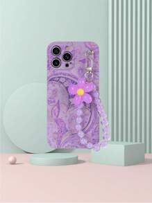 1pc Purple TPU Exotic Floral Pattern Shockproof Phone Case With 1pc Matching Purple Bead Bracelet, Compatible With IPhone/Android Phones Such As Compatible With IPhone 15 Pro Max, Compatible With Samsung A14, A54, A52, A31 4G, A23, Compatible With Redmi Note 8 Pro, 11 Pro 4G, 12 4G, Compatible With OPPO A54,International Version, Not The Domestic Version - Multicolor - View 3