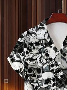 Men 3D Skull Print Button-Down Shirt, Summer Casual Creative Funny Short Sleeve Shirt, For Halloween