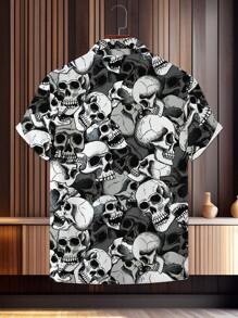 Men 3D Skull Print Button-Down Shirt, Summer Casual Creative Funny Short Sleeve Shirt, For Halloween