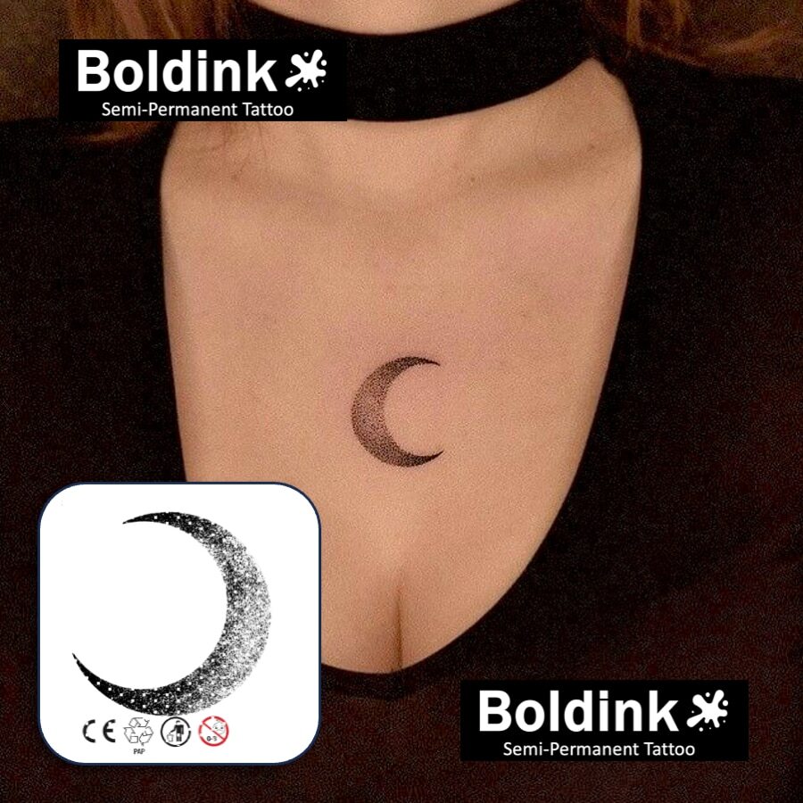 1 套革命性技术纹身、半永久纹身、天使、大胆墨水临时纹身、假纹身、防水、真实纹身外观、植物基、纹身、月亮、MNF072 - 黑色 - 查看 1