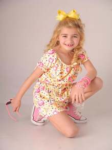 Floral  Set Children's Girl Bloguerinha Shoulder To Shoulder Summer Clothes - Màu vàng - Xem 2