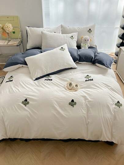3/4pcs Solid Color Embroidered Children's Bedding Set, Soft Double Layer Gauze Kids Quilt Cover, Suitable For All Seasons