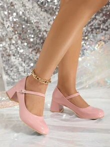 New Shiny Patent Leather Thick Heel Round Toe Pink High Heels For Women. Fashionable Instep Strap Buckle Mary Jane Shoes, Comfortable For Indoor Outdoor Party Evening Banquet High Heel Pumps, Pink High Heels - Dusty Pink - View 5