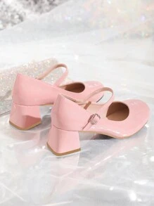 New Shiny Patent Leather Thick Heel Round Toe Pink High Heels For Women. Fashionable Instep Strap Buckle Mary Jane Shoes, Comfortable For Indoor Outdoor Party Evening Banquet High Heel Pumps, Pink High Heels - Dusty Pink - View 6