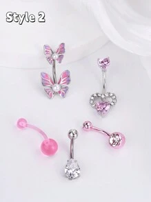 5 件/套 甜美粉色心形可爱蛋糕肚脐环 粉色蝴蝶结肚脐环 透明 CZ 不锈钢蝴蝶形肚脐环 肚脐穿刺首饰 可爱女孩女士礼物情人节 - 粉色 - 查看 7