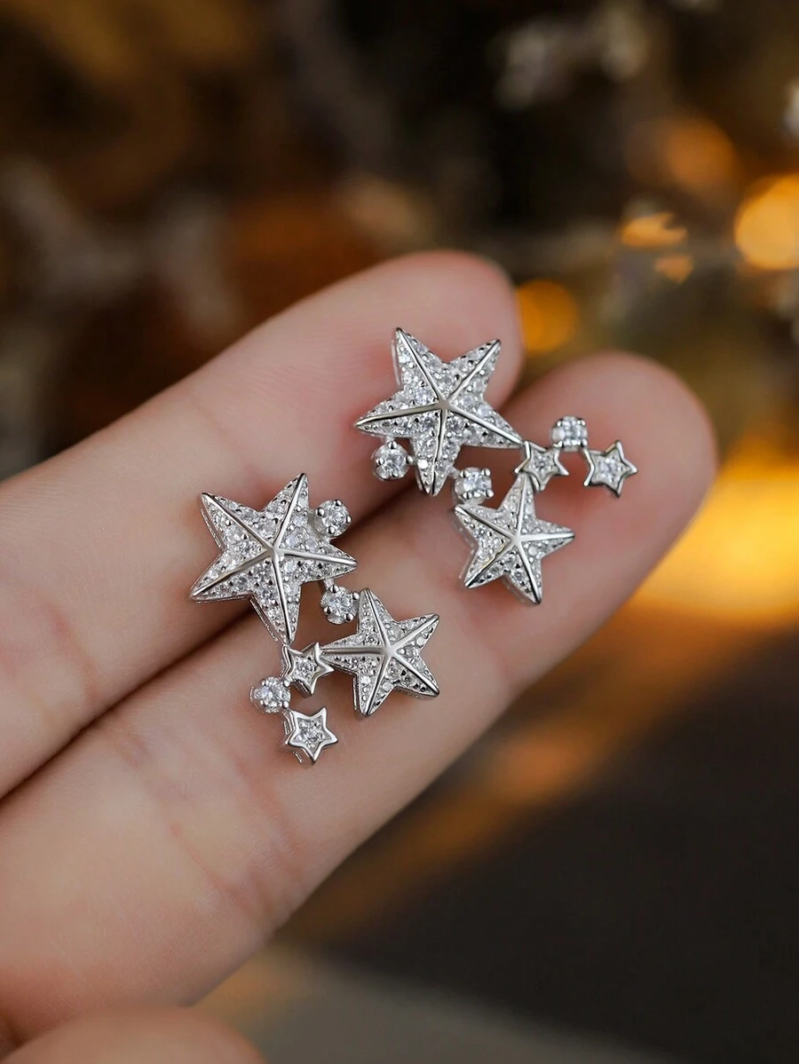 Bông tai hình ngôi sao bằng bạc S925 thời trang châu Âu và Mỹ. Món quà hoàn hảo cho các buổi hẹn hò, tiệc tùng, lễ đính hôn hoặc đám cưới. Trang sức nữ sang trọng. - Bạc - Xem 1