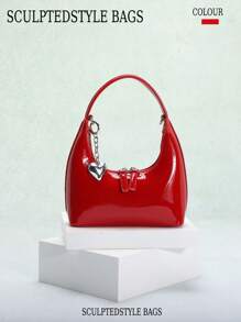 1pc Red Patent PU Leather Shoulder Bag, Fashionable Heart Hardware Zipper, Chic European Style Handbag For Commute Valentines - Red - View 2